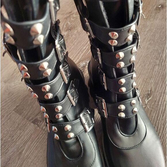 Women's Goth Punk Boots Platform Combat Belt Buckle Studded Mid Calf Chunky Boot - Picture 8 of 9